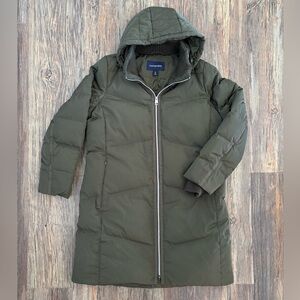 Lands’ End Hooded Quilted Down Puffer Jacket XL Olive Green 38” Long Two-Way Zip